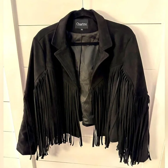 Y2K XL Fringe Black Faux Suede waist jacket cowgirl western festival Rock 90’s - Picture 2 of 12